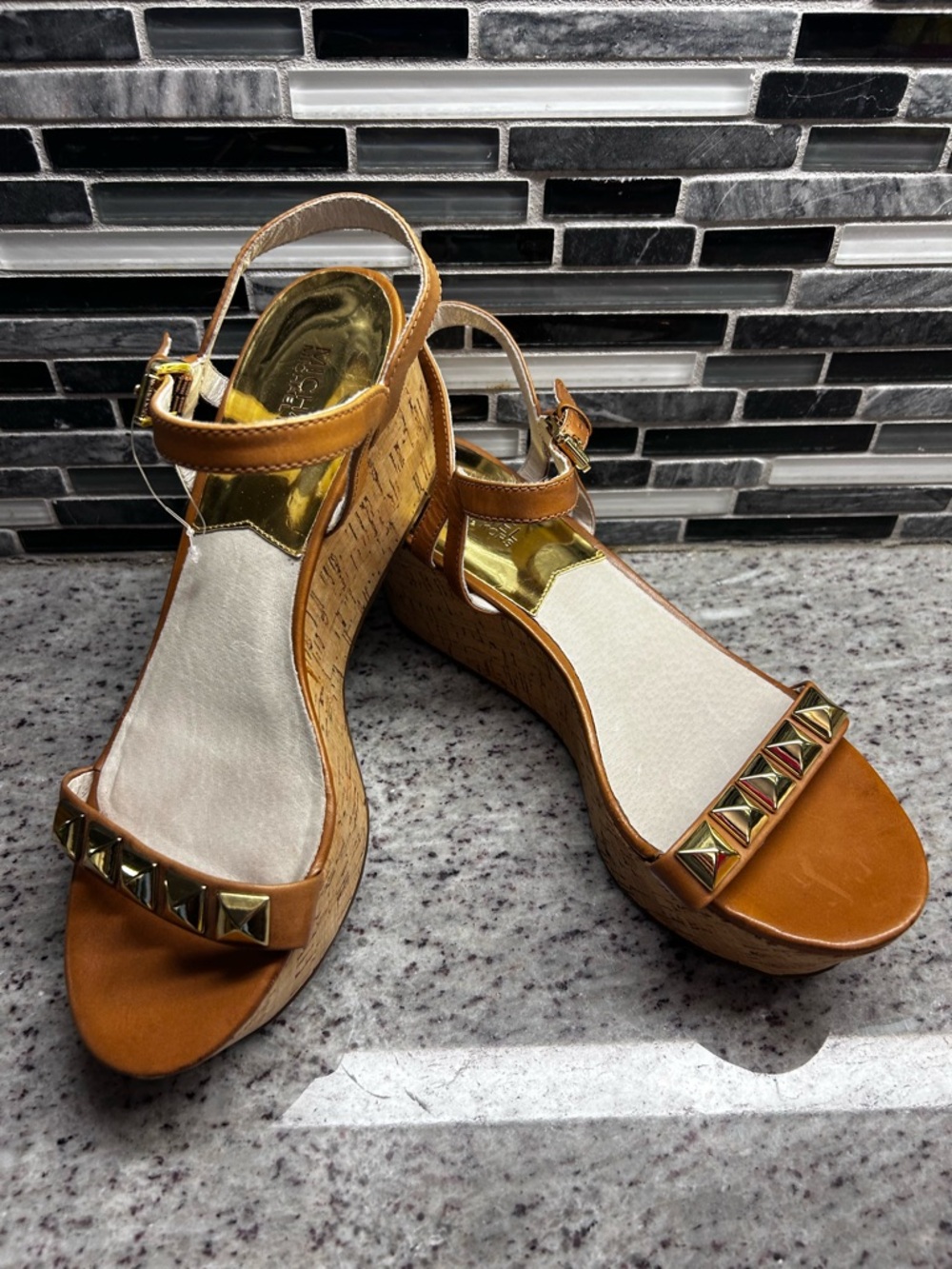 Michael Kors Persia Wedge Leather Sandals with Gold Stud Accents - Tan size 9.5